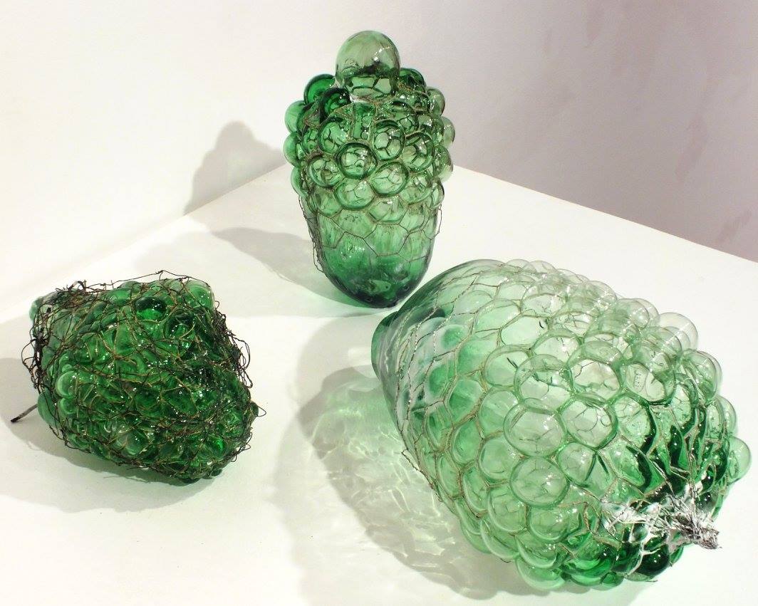Detritus - Set of three green glass pieces blown through wire mesh